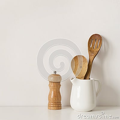 Kitchenware spoons and spice mill on table wall background. Recipe Template mockup Stock Photo