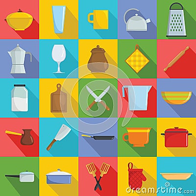 Kitchenware tools cook icons set, flat style Vector Illustration