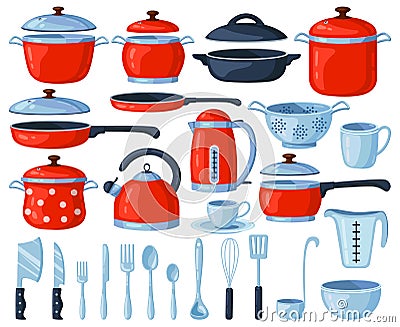 Kitchenware tools. Kitchen cooking and baking utensils, saucepan, frying pan, cutlery, kettle and colander. Kitchen Vector Illustration