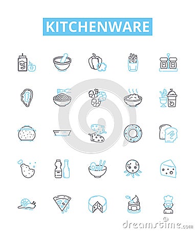 Kitchenware vector line icons set. Cookware, Utensils, Cutlery, Plateware, Appliances, Crockery, Pots illustration Vector Illustration