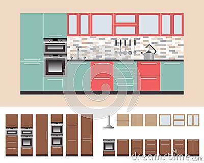 Kitcnen Cabinets with Kitchen Equipment,Oven, Microwave, hood. Flat Vector Illustration for you Interior Design Vector Illustration