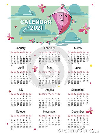 Kite. Calendar 2021. Vector baby calendar. Week starts on Sunday. Cartoon kite with cute butterflies Vector Illustration
