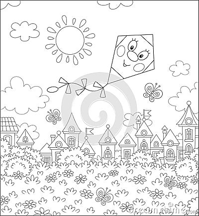 Funny kite flying over a small town Vector Illustration