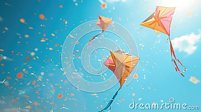 A kite flying against a clear blue sky, is a popular Sinhalese New Year activity. The kites are brightly colored Stock Photo