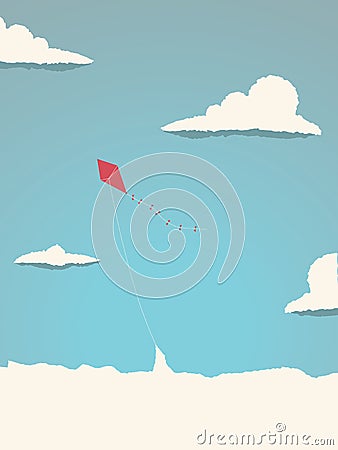 Kite flying high in the sky above the clouds. Symbol of freedom, childhood, playful times. Vector Illustration