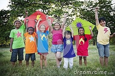 Kite Kid Child Casual Cheerful Leisure Outdoors Concept Stock Photo