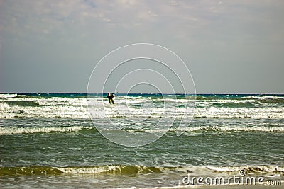 Kite Surfer in the Mediterrean Sea on an Autumn windy day Editorial Stock Photo