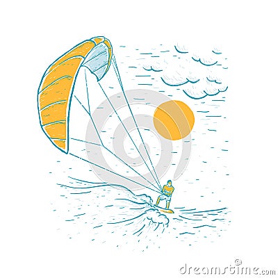 Kite surfing. Sketch vector white illustration with hand drawn kite surfer, clouds, wave. Water sports Vector Illustration