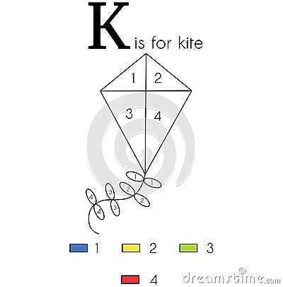 Kite. Vector alphabet letter K, colouring page Cartoon Illustration