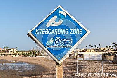 Kiteboarding sign, kitesurfing signpost on a beach at Makadi Bay, Red Sea in Egypt Editorial Stock Photo