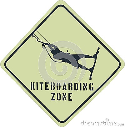 Kiteboarding zone sign. Black kite board area sign on yellow background warning about a sport zone. Jumping kite boarder or surfer Stock Photo