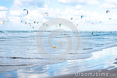 A lot of kiters and surfers at sea in Tel Aviv Stock Photo