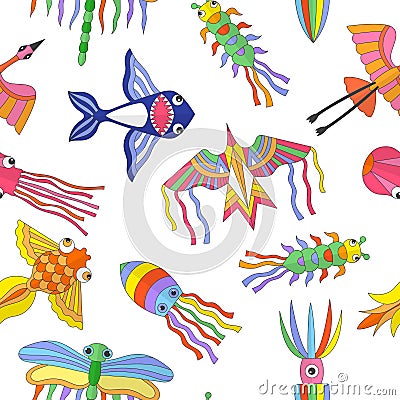 Kites pattern. Colored cartoon flying funny kites. Vector seamless background Vector Illustration