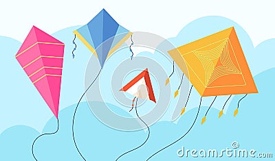 Kites in sky. Fun fly kite, child toy flying wind. Kiting, makar sankranti pongal festival concept. Summer activity Cartoon Illustration