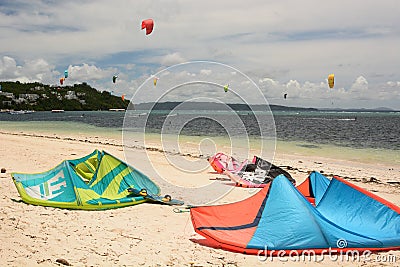 Kitesurf on the shore. Bulabog beach. Boracay island. Aklan. Western Visayas. Philippines Editorial Stock Photo