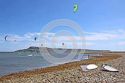 Kitesurfers in Portland Harbour Stock Photo