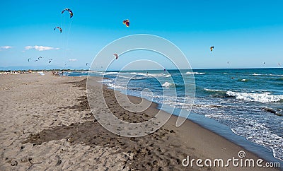 Kitesurfing on the Adriatic sea in Ulcinj, Montenegro, Europe Editorial Stock Photo