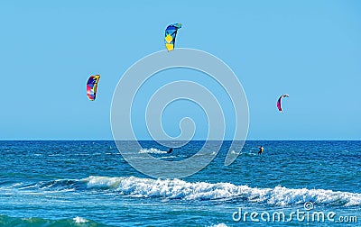 Kitesurfing on the Adriatic sea in Ulcinj, Montenegro, Europe Editorial Stock Photo