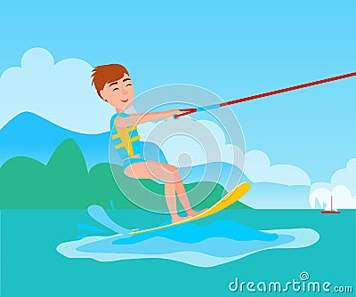 Kitesurfing and Happy Boy Vector Kitesurfer on Ski Vector Illustration