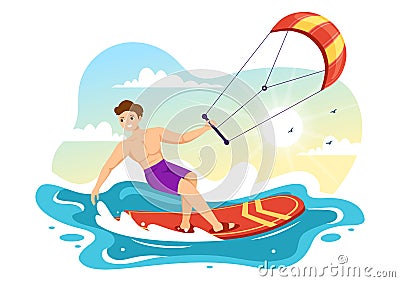 Kitesurfing Illustration with Kite Surfer Standing on Kiteboard in the Summer Sea in Extreme Water Sports Flat Cartoon Hand Drawn Vector Illustration