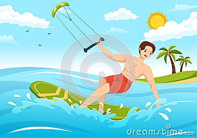 Kitesurfing Illustration with Kite Surfer Standing on Kiteboard in the Summer Sea in Extreme Water Sports Flat Cartoon Hand Drawn Vector Illustration