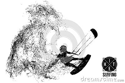 Kitesurfing and kiteboarding. Silhouette of a kitesurfer. Man in a jump performs a trick. Big air competition. Vector Cartoon Illustration