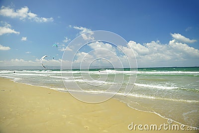 Kitesurfing, popular extreme sailing and water sport Editorial Stock Photo