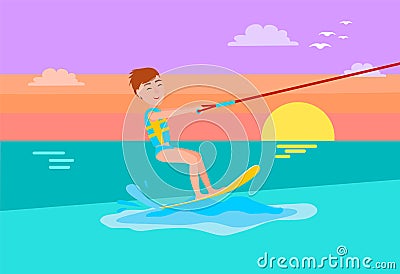 Kitesurfing Summer Sport Happy Boy, Smile on Face Vector Illustration