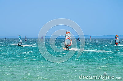 Kitesurfing on Valdevaqueros beach, Gibraltar Strait in Tarifa, Spain Editorial Stock Photo