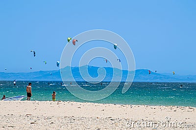 Kitesurfing on Valdevaqueros beach, Gibraltar Strait in Tarifa, Spain Editorial Stock Photo