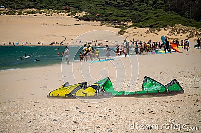 Kitesurfing on Valdevaqueros beach, Gibraltar Strait in Tarifa, Spain Editorial Stock Photo