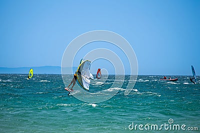 Kitesurfing on Valdevaqueros beach, Gibraltar Strait in Tarifa, Spain Editorial Stock Photo