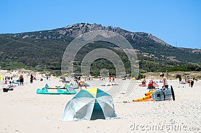 Kitesurfing on Valdevaqueros beach, Gibraltar Strait in Tarifa, Spain Editorial Stock Photo