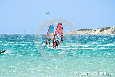 Kitesurfing on Valdevaqueros beach, Gibraltar Strait in Tarifa, Spain Editorial Stock Photo