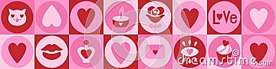 Kitsch St. Valentine horizontal banner. Pink love and hearts. Romantic illustration. Vector Illustration
