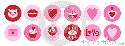 Kitsch St. Valentine round icons. Pink love and hearts symbol set. Romantic icon collection. Vector Illustration