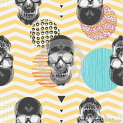 Kitschy seamless pattern with sugar skulls, multicolored circles of different textures, orange and white zigzag lines on Vector Illustration