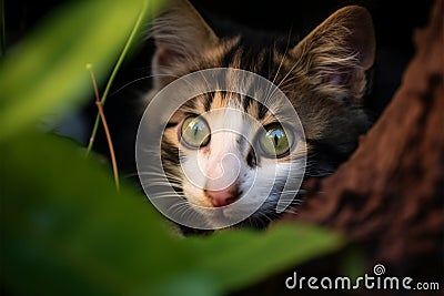 Kitten with captivating green eyes enjoys a playful, relaxing vacation Stock Photo