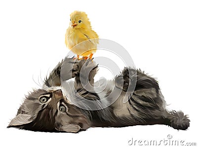 The Kitten and the Chicken of watercolor painting Stock Photo