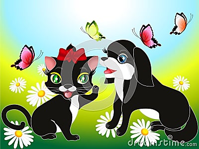 Kitten and the dog on the meadow. Vector Illustration