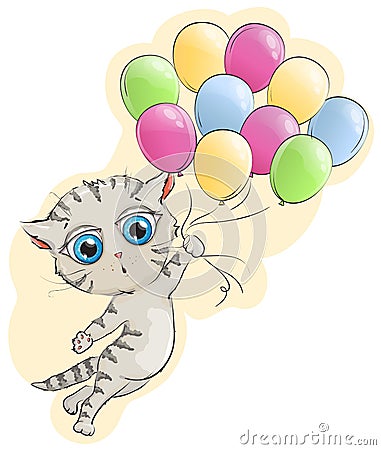 Kitten flying colored balloons Vector Illustration