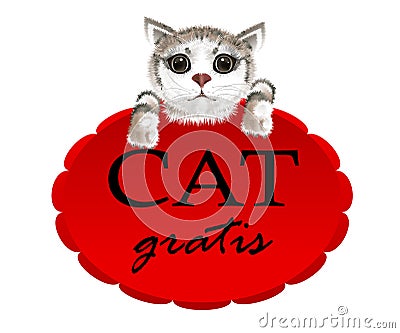 Kitten hanging on a red banner with slogan cat for free Vector Illustration