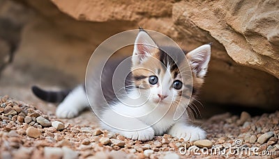 A kitten hides under the rocks Stock Photo