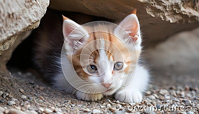 A kitten hides under the rocks Stock Photo