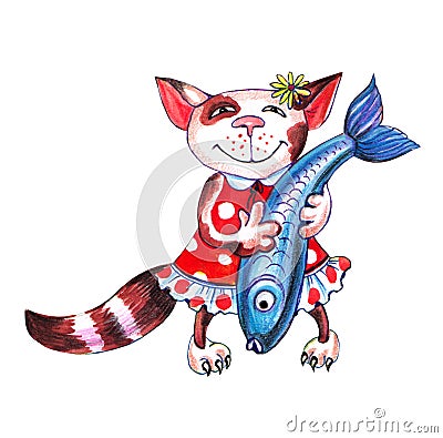 Kitten holds fish in hand Stock Photo