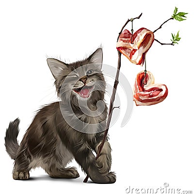 The kitten holds meat on a branch and laughs Stock Photo