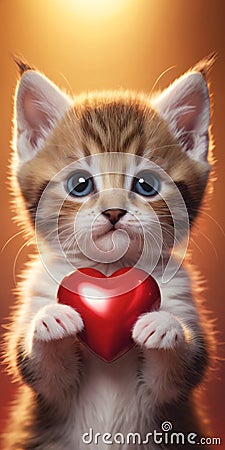 Kitten Holds Red Heart In Paws, Adorable Feline Captured With Symbol of Love Stock Photo