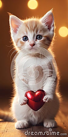 Kitten Holds Red Heart In Paws, Adorable Feline Captured With Symbol of Love Stock Photo