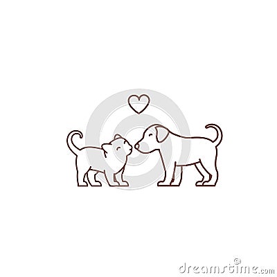 Kitten kisses puppy logo or icon. Friendship of the species. Love and heart. Cat and dog. Pet Shop. Outline contour line vector Cartoon Illustration