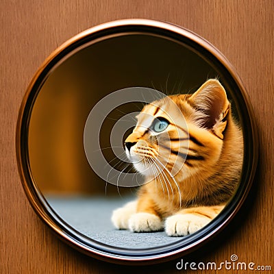 kitten looking at round mirror on table, male lion inside mirror, close up. Generative AI Stock Photo